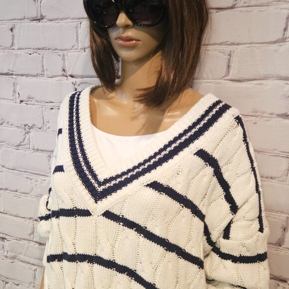 On 34th - Women's V-Neck Cable-Knit Rugby Sweater in navy/white stripes - Picture 6 of 10